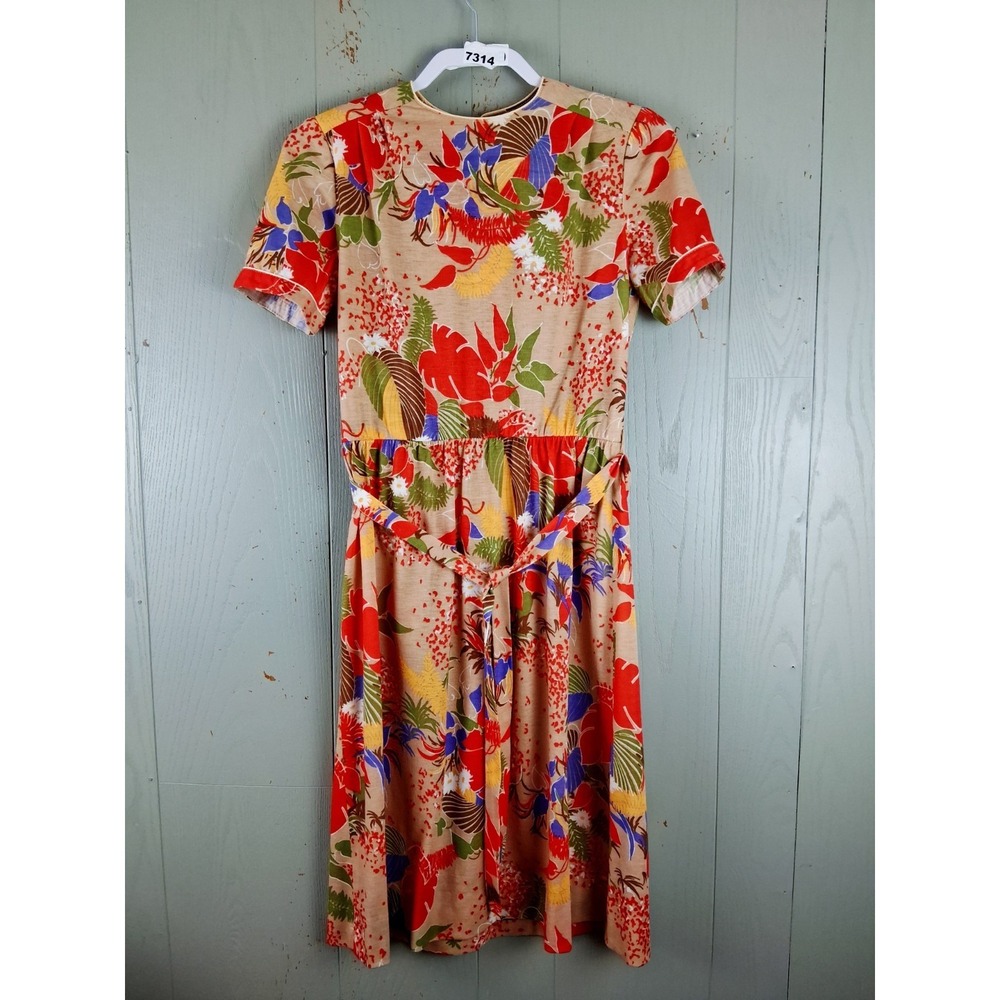 Vintage 80s Floral Day Tea Dress Size 5 Polyester Belted Tropical Lightweight